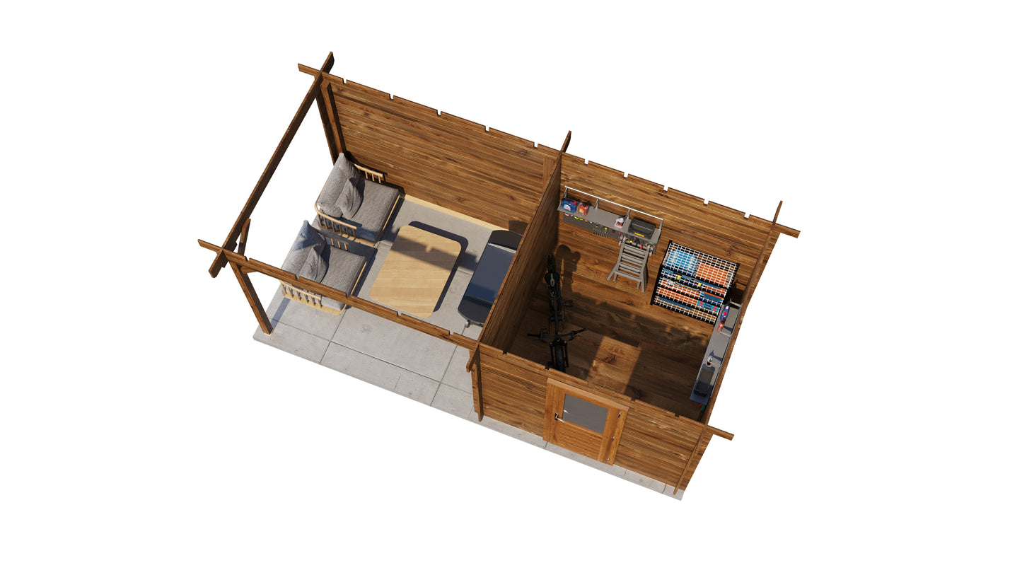 Lugarde Select Log Cabin with veranda Cotswold 250x250cm + 300cm - Pressure treated Brown