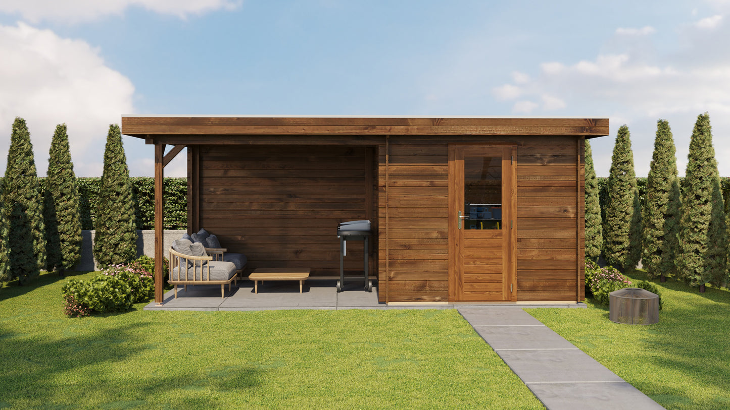 Lugarde Select Log Cabin with veranda Cotswold 250x250cm + 300cm - Pressure treated Brown
