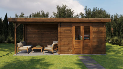 Lugarde Select Log Cabin with veranda Cornwall 300x250cm + 300cm - Pressure treated Brown