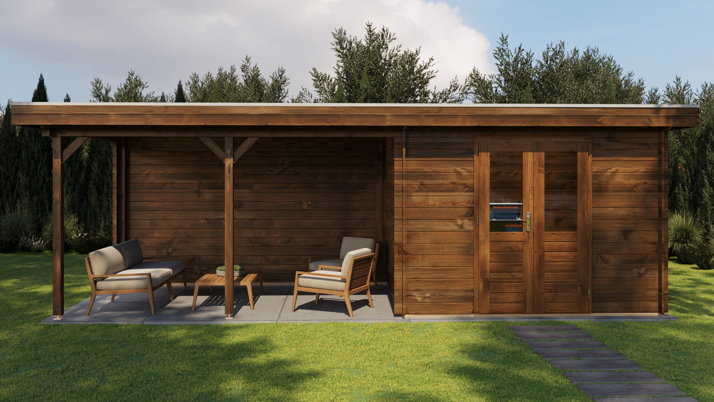 Lugarde Select Log Cabin with veranda Norfolk 300x250cm + 400cm - Pressure treated Brown