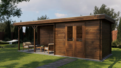 Lugarde Select Log Cabin with veranda Norfolk 300x250cm + 400cm - Pressure treated Brown