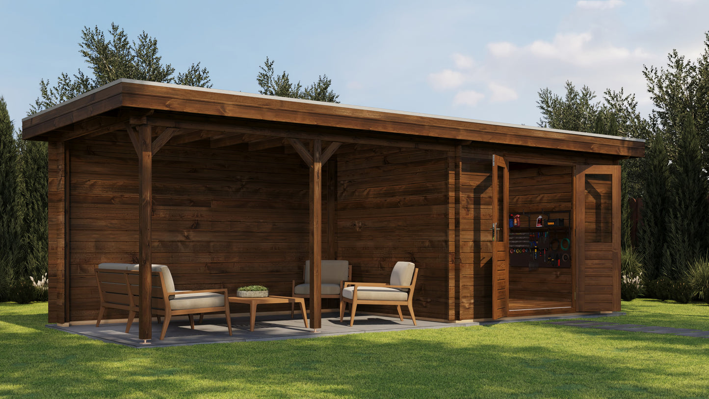 Lugarde Select Log Cabin with veranda Norfolk 300x250cm + 400cm - Pressure treated Brown