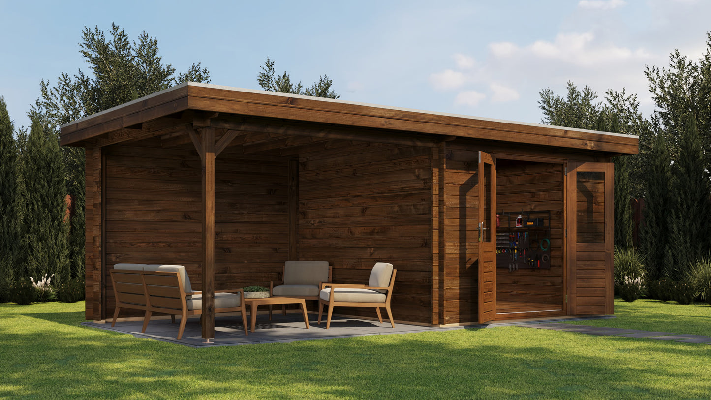 Lugarde Select Log Cabin with veranda Tyne 300x300cm + 300cm - Pressure treated Brown