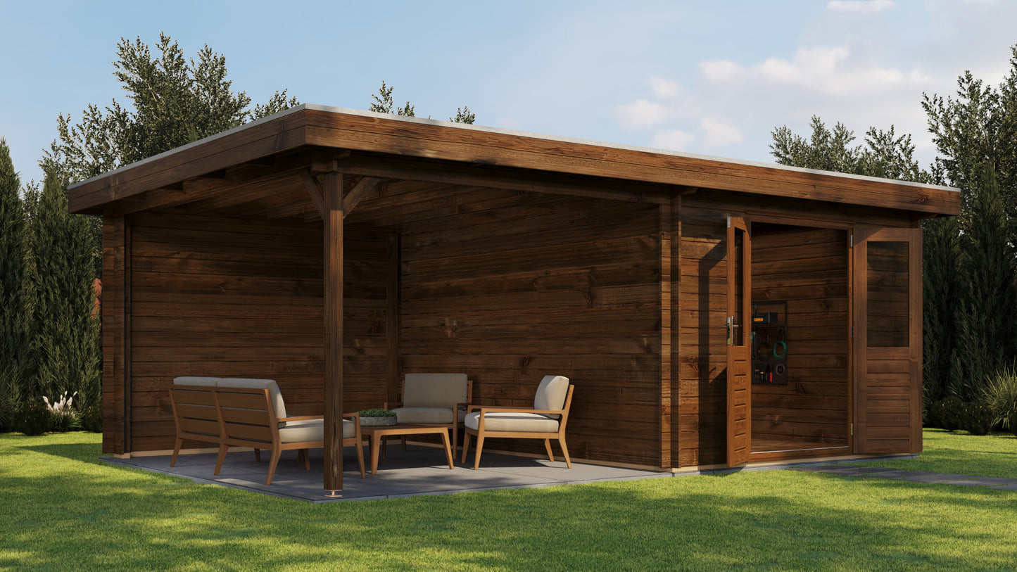 Lugarde Select Log Cabin with veranda Oxford 300x400cm + 300cm - Pressure treated Brown