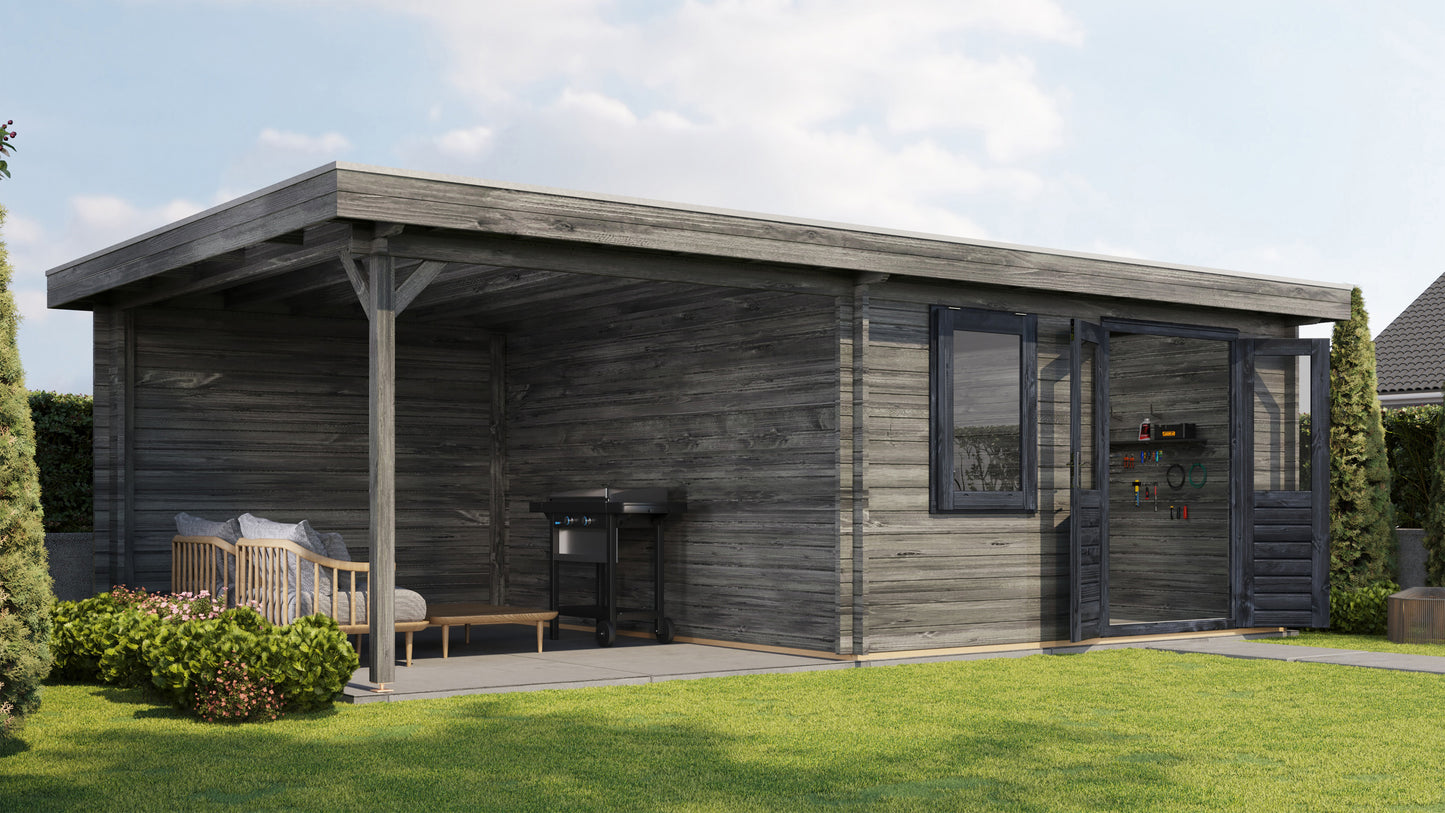 Lugarde Select Log Cabin with veranda Glencoe 400x400cm + 300cm - Pressure treated Grey