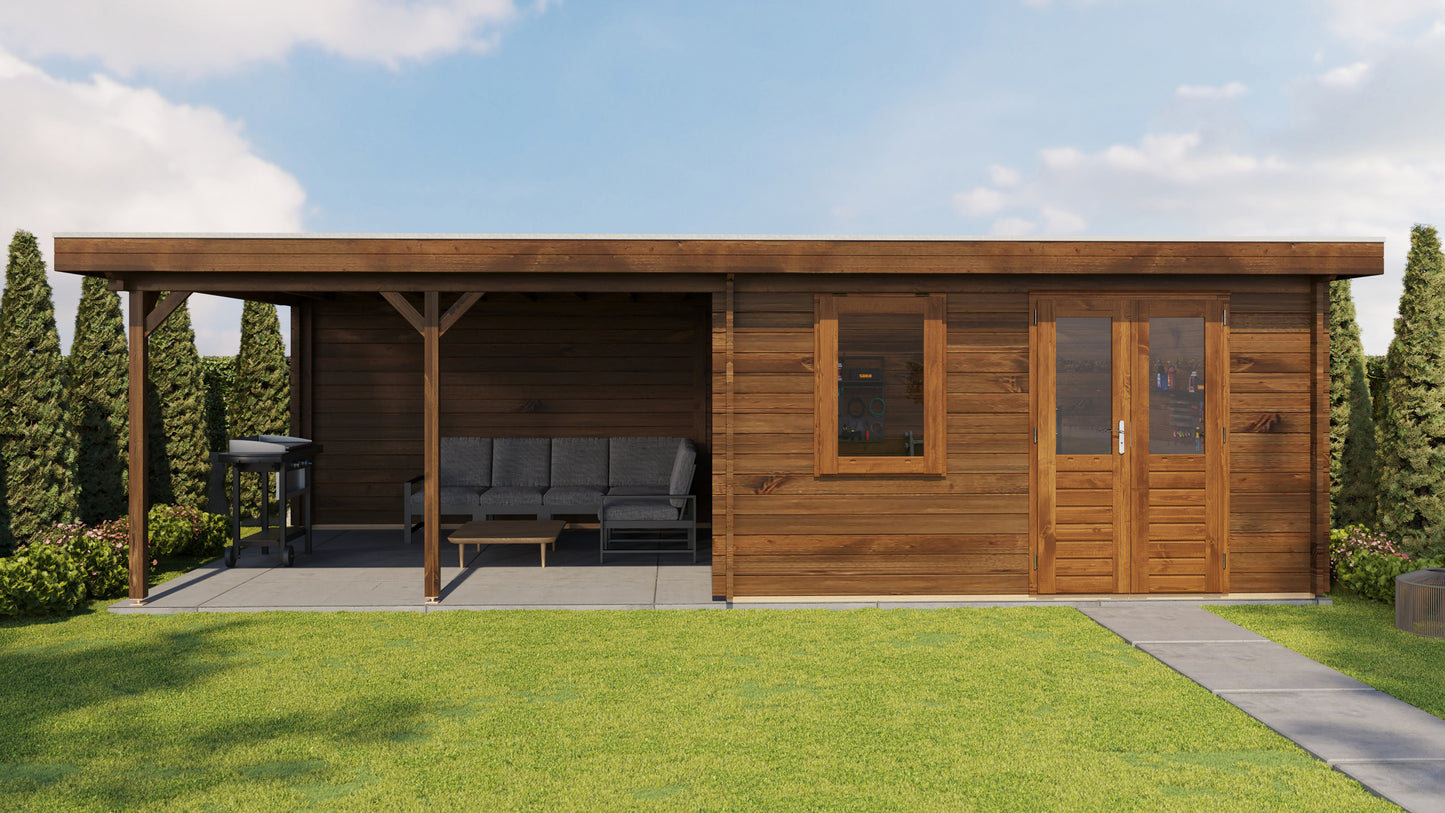 Lugarde Select Log Cabin with veranda Malvern 400x400cm + 400cm - Pressure treated Brown