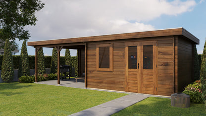 Lugarde Select Log Cabin with veranda Malvern 400x400cm + 400cm - Pressure treated Brown