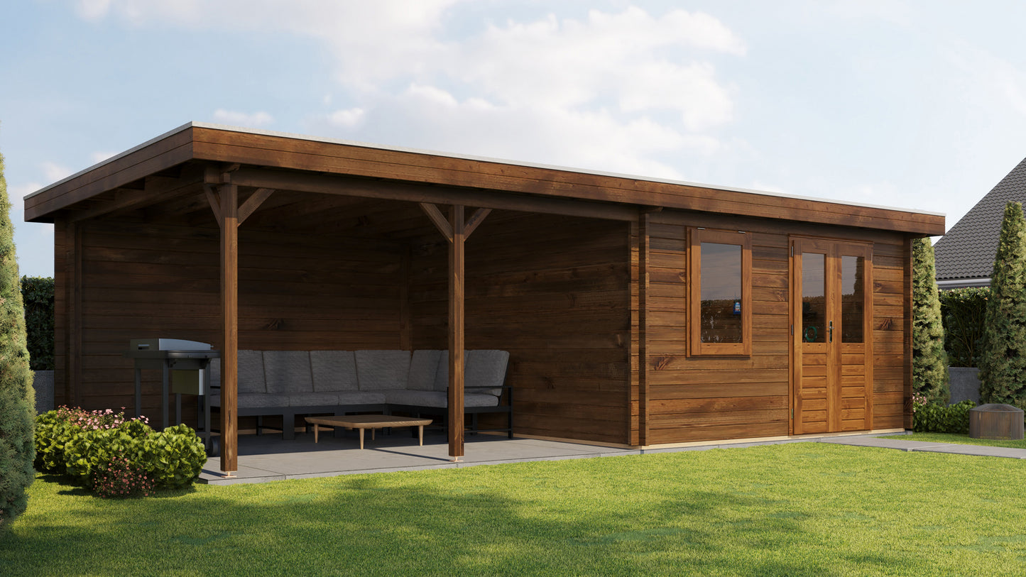 Lugarde Select Log Cabin with veranda Malvern 400x400cm + 400cm - Pressure treated Brown