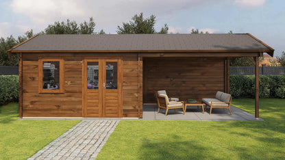 Lugarde Select Log Cabin with veranda Mersey 400x400cm + 400cm - Pressure treated Brown