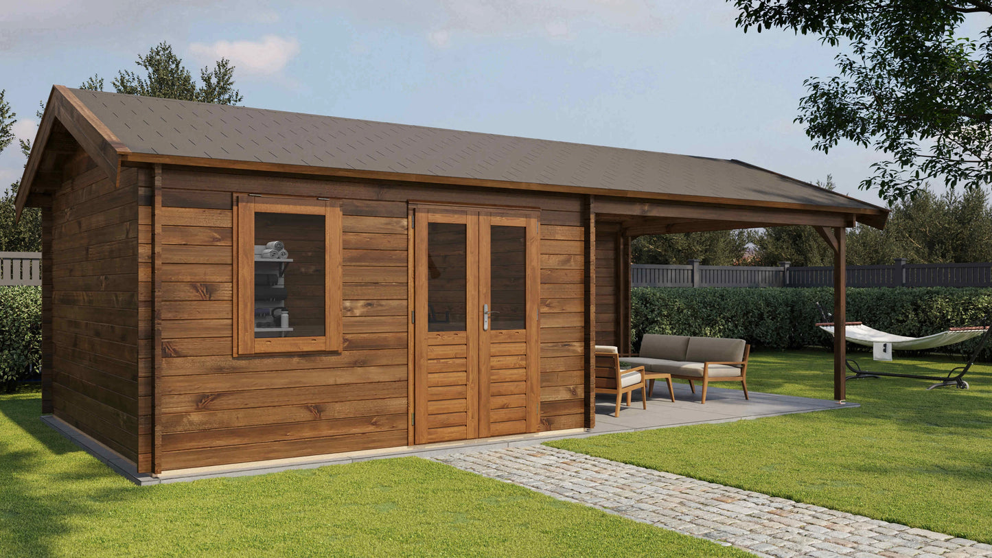Lugarde Select Log Cabin with veranda Mersey 400x400cm + 400cm - Pressure treated Brown