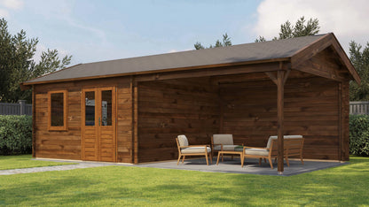 Lugarde Select Log Cabin with veranda Mersey 400x400cm + 400cm - Pressure treated Brown