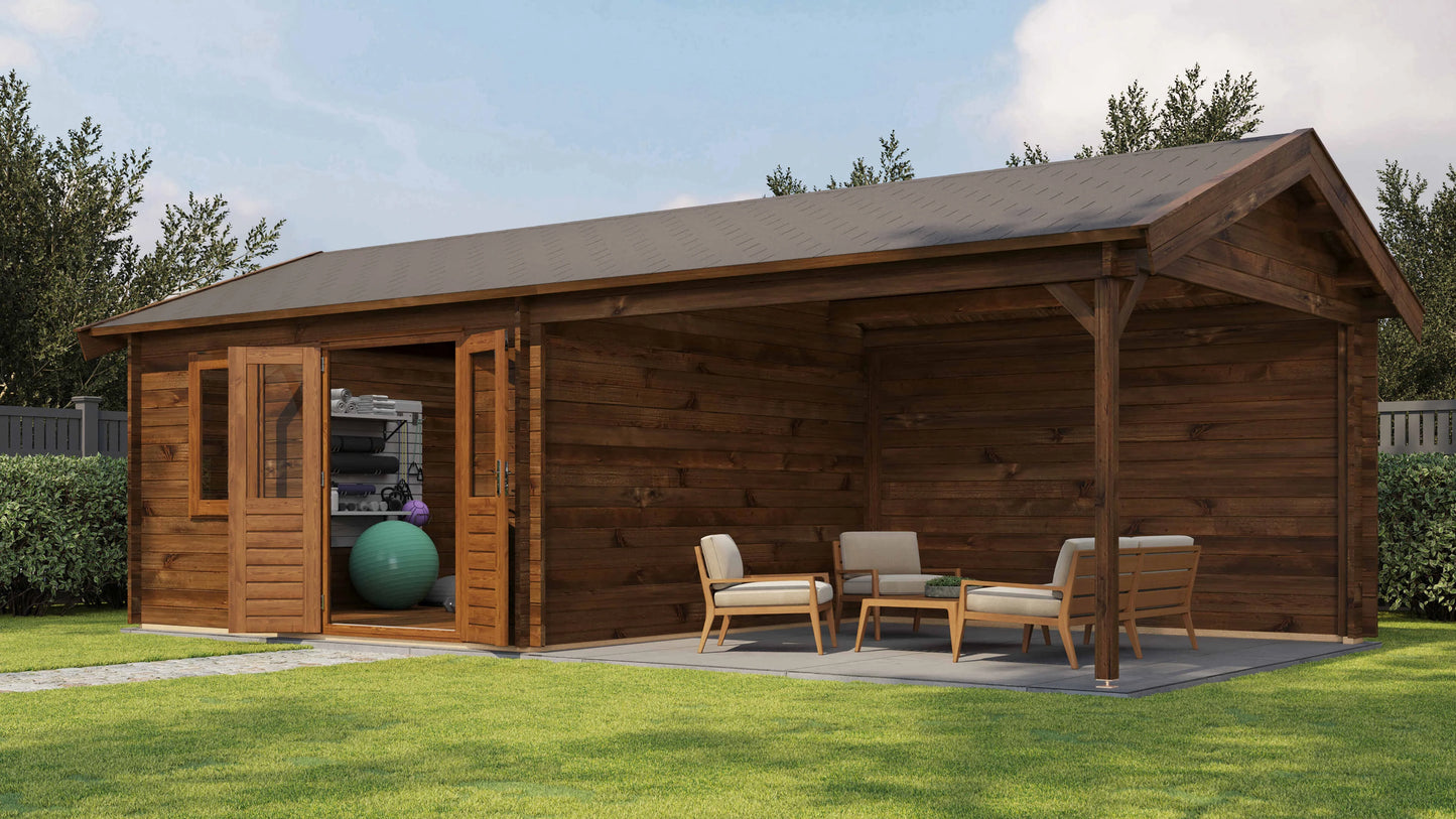 Lugarde Select Log Cabin with veranda Mersey 400x400cm + 400cm - Pressure treated Brown