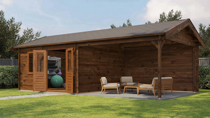 Lugarde Select Log Cabin with veranda Mersey 400x400cm + 400cm - Pressure treated Brown