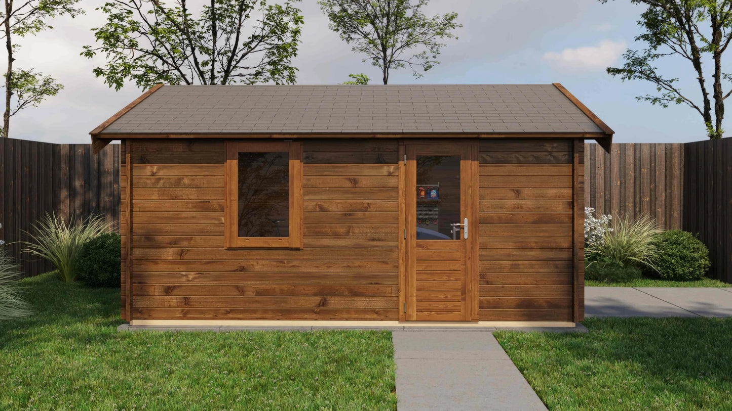 Lugarde Select Log Cabin Derwent with garage door 400x500cm - Pressure treated Brown