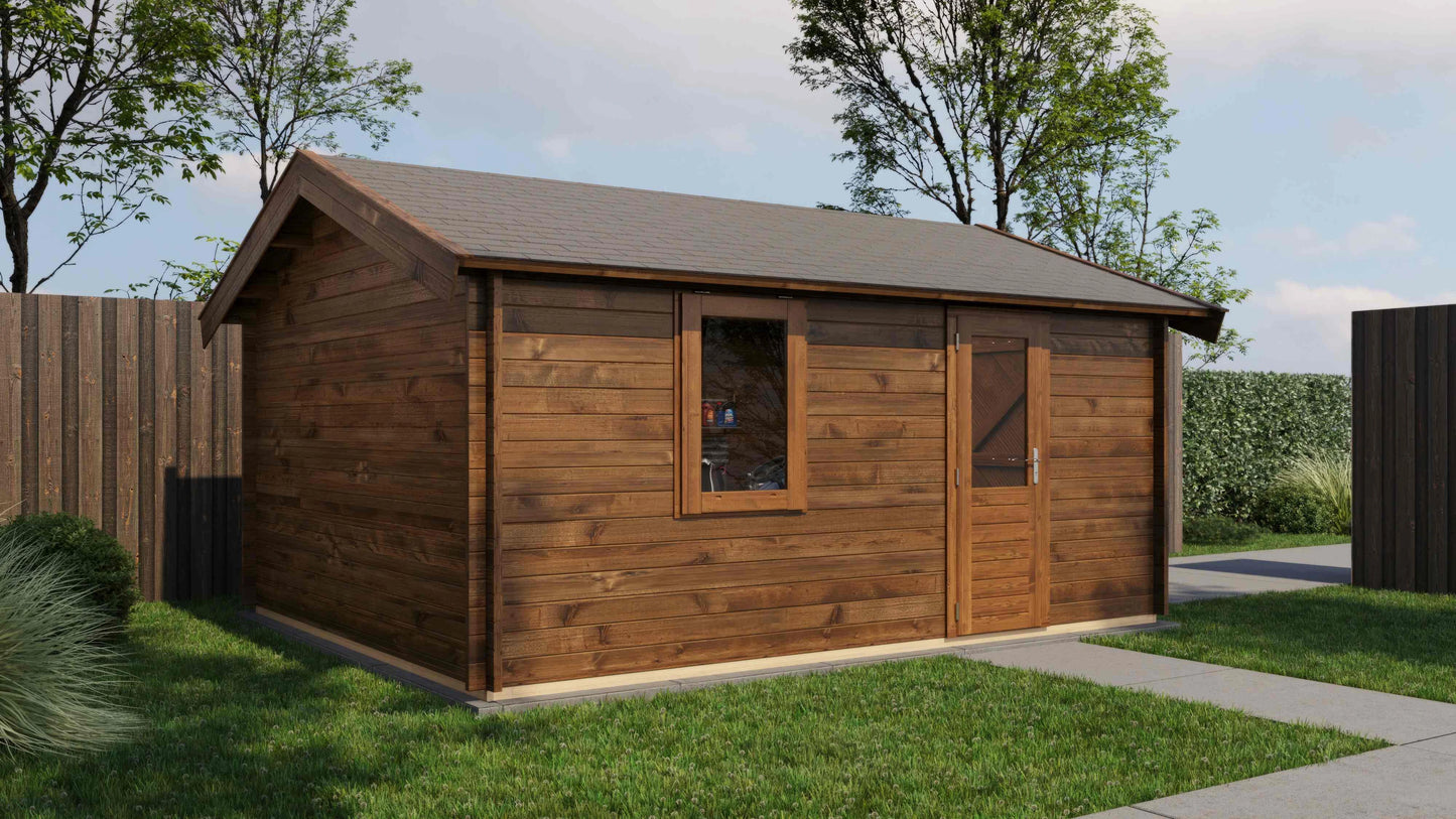 Lugarde Select Log Cabin Derwent with garage door 400x500cm - Pressure treated Brown