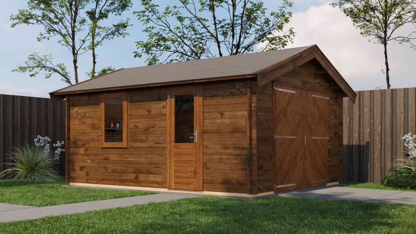 Lugarde Select Log Cabin Derwent with garage door 400x500cm - Pressure treated Brown