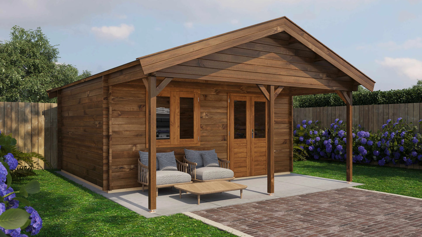 Lugarde Select Log Cabin with veranda Stour 500x400cm + 200cm - Pressure treated Brown